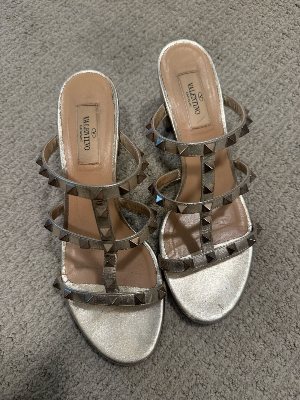 Valentino Garavani Silver Rockstud Multi-Strap Slide Heels